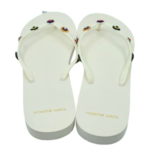 TORY BURCH~Marguerite Terra FLIP FLOPS WHITE IVORY PATENT w/FLORAL NEAR NEW 12 - Picture 5 of 6